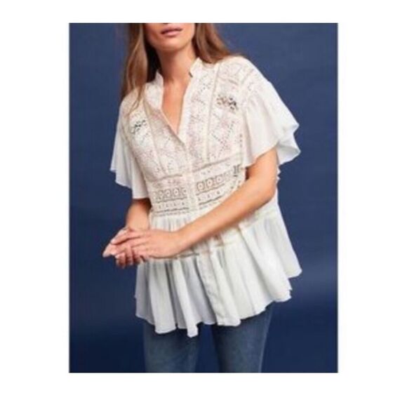 Anthropologie Akemi + Kin Lindy Popover Top Eyelet Embroidery White Pink Flowy S - Picture 4 of 15